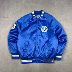 Vintage MLB Toronto Blue Jays Royal Blue Satin Bomber Jacket Chalk Line